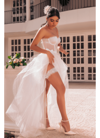 Ensemble 4 pièces blanc, bustier, string et 2 jarretières - MAL8933WHT